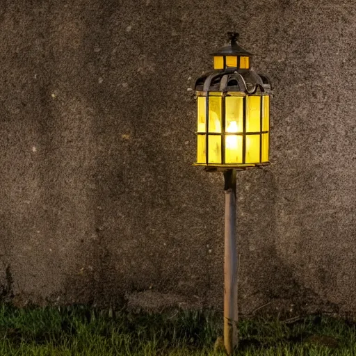 Prompt: lonely old lantern on empty modern street on a branch of a old tree at night