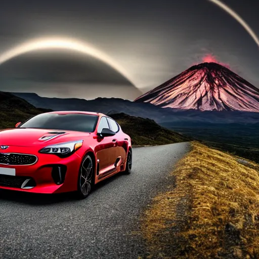 Image similar to kia stinger gt driving towards mount doom | eye of sauron watching over in the background | wide angle photograph | high resolution