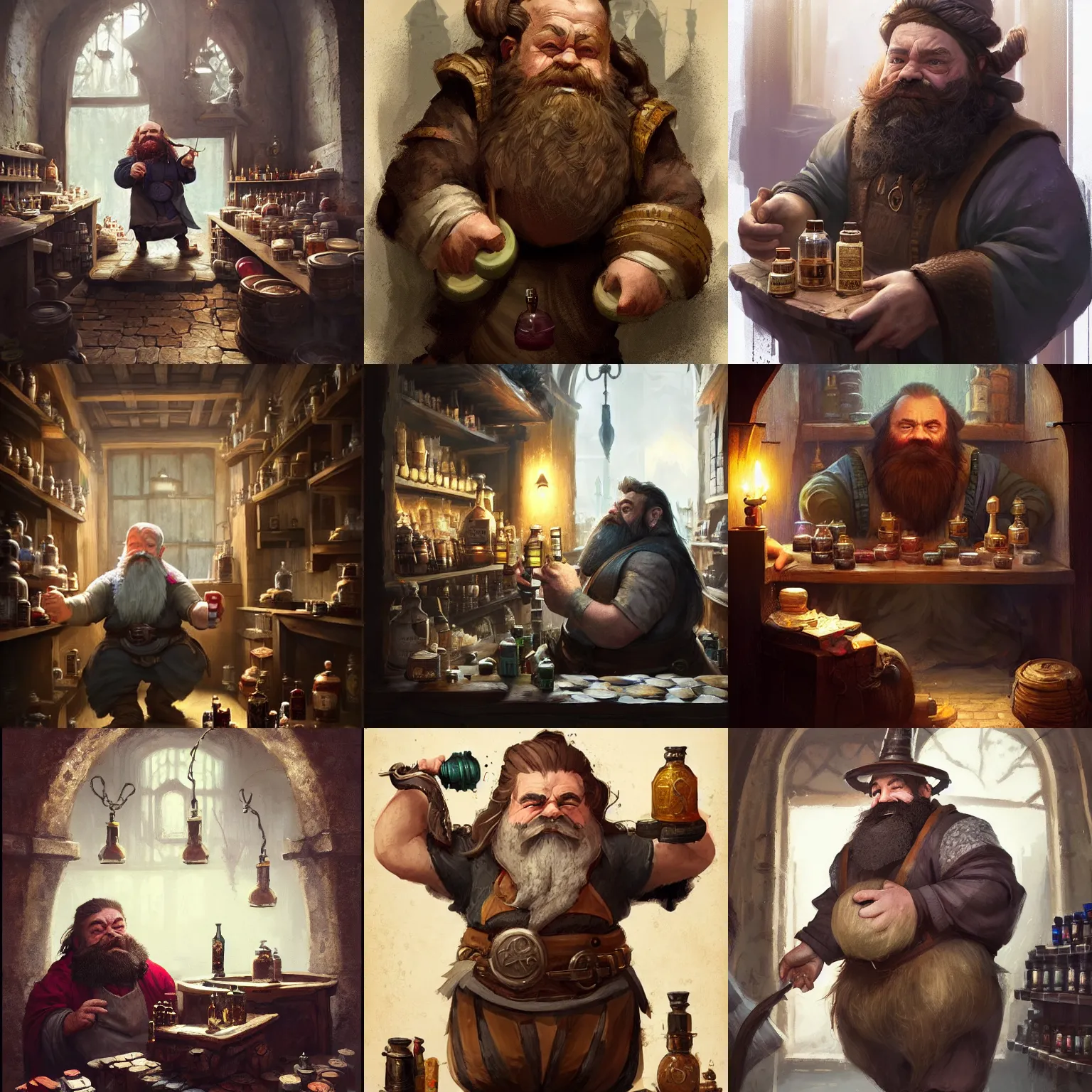 Prompt: a beautiful portrait of a dwarf running a potion shop, big-beard, by Greg Rutkowski and Raymond Swanland, Trending on Artstation, ultra realistic digital art