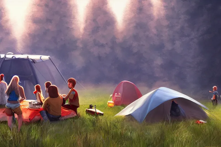 Image similar to meadow camping picnic 4 k, octane, digital painting, hyperdetailed artstation, concept art, sharp focus, illustration