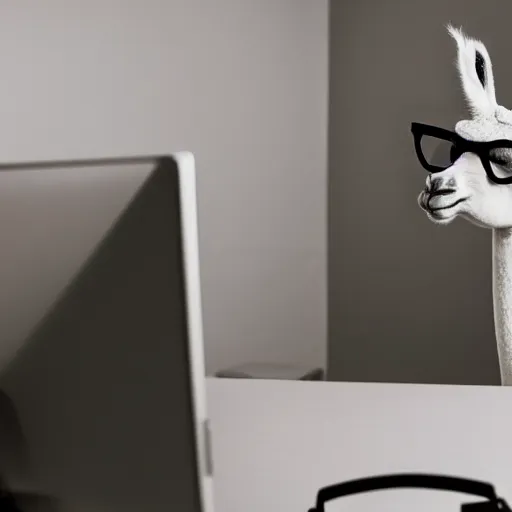 Image similar to photo of Llama in an office, wearing a suit and spectacles, looking at a computer, coffee mug, 50mm, beautiful photo