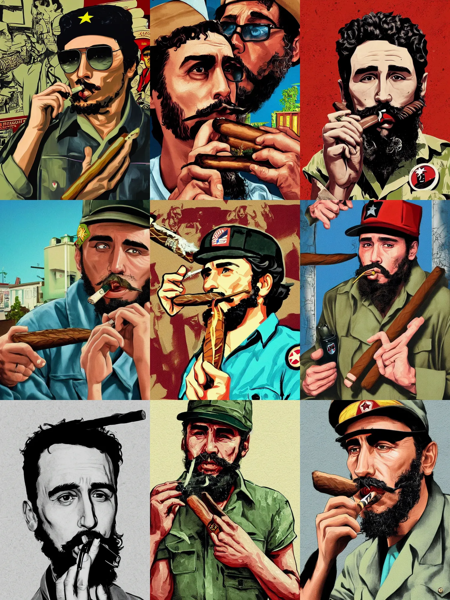 Prompt: a paparazzi photo of James Franco as Fidel Castro smoking a large cigar, lowbrow, pop surrealism art style, contemporary art illustration, iintricate, 8K detail post-processing, in the style of rob israel art, Grand Theft Auto character design aesthetic