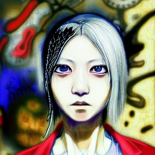 Image similar to yoshitaka amano blurred and dreamy three quarter angle portrait of a young woman with white hair and black eyes wearing dress suit with tie, playstation 2 horror game, junji ito abstract patterns in the background, satoshi kon anime, chungking express color palette, noisy film grain effect, highly detailed, renaissance oil painting, weird portrait angle, blurred lost edges