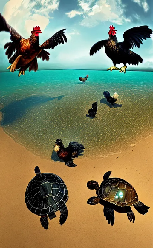 Prompt: chickens battling turtles, wide angle shot by greg rutkowski