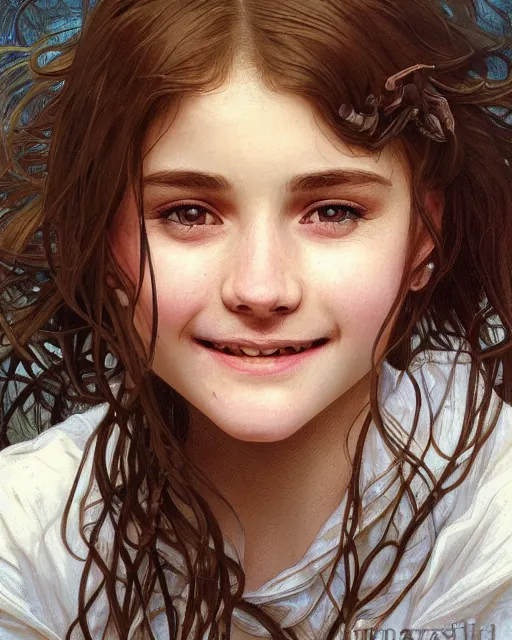 Prompt: close up portrait of 1 5 - year - old girl, smile with large front teeth, hermione, very bushy brown hair, and very bright brown eyes, wearing white shirt, hyper realistic face, beautiful eyes, close up, fantasy art, in the style of greg rutkowski, intricate, alphonse mucha, hyper detailed, smooth