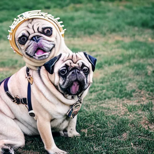 Prompt: pug with a big blonde wig playing delta blues, photograph