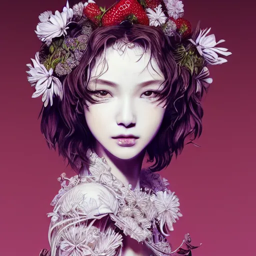 Image similar to the portrait of an absurdly beautiful, graceful, elegant, sophisticated, fashionable young gravure idol made of strawberries and white petals, an ultrafine hyperdetailed illustration by kim jung gi, irakli nadar, intricate linework, bright colors, octopath traveler, final fantasy, unreal engine 5 highly rendered, global illumination, radiant light, detailed and intricate environment