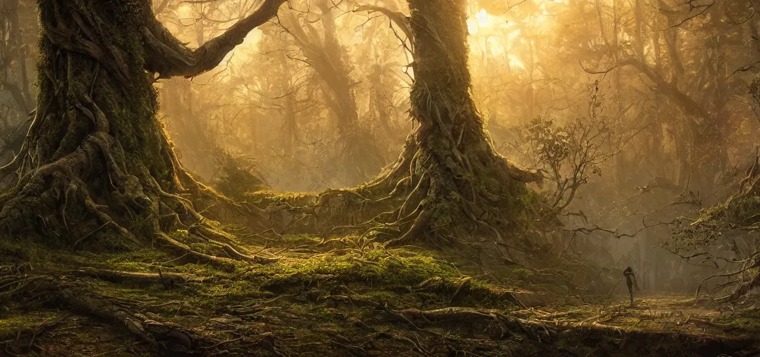 Image similar to cinematic, panorama, post-apocalyptic city overgrown by nature, tree roots, moss, close up, details, sharp focus, elegant, highly detailed, illustration, golden dawn light, by Jordan Grimmer and greg rutkowski, intricate, Beautiful dynamic dramatic moody lighting,shadows,cinematic atmosphere, Trending artstation, pixiv, digital Art