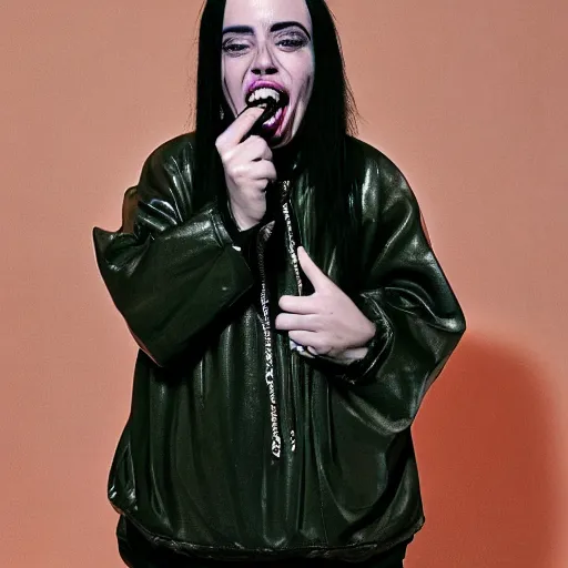 Image similar to bald billie eilish screaming with mouth full of snails