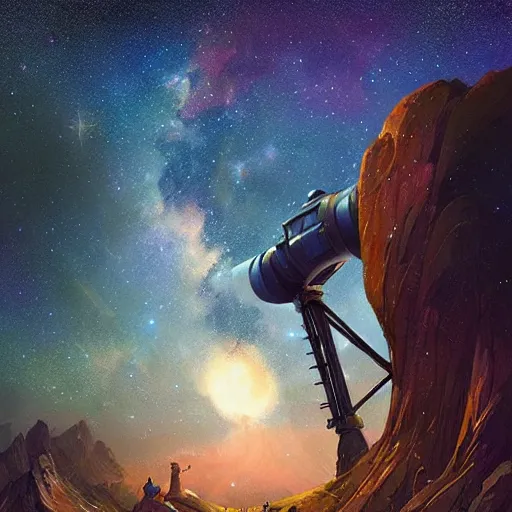 Image similar to modern binocular telescope looking at the galaxy sky, hearthstone coloring style, artwork by greg rutkowski, epic fantasy style art, fantasy epic digital art