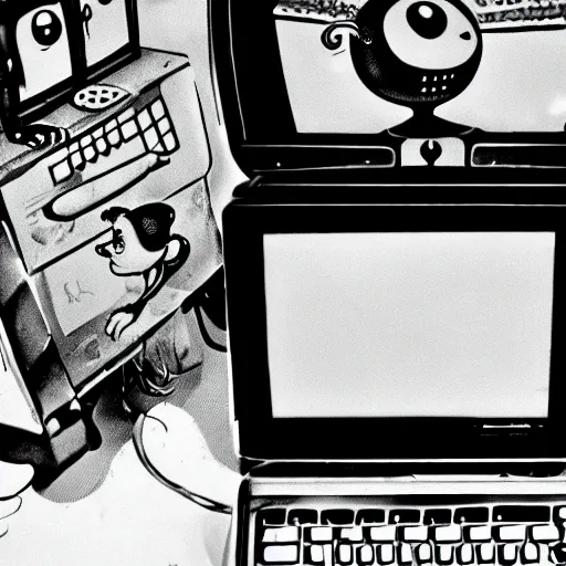 Image similar to a black and white photograph of a mischievous computer screen, by gary baseman, by robert crumb, by jim henson, high contrast, soft lighting, surreal, film photography