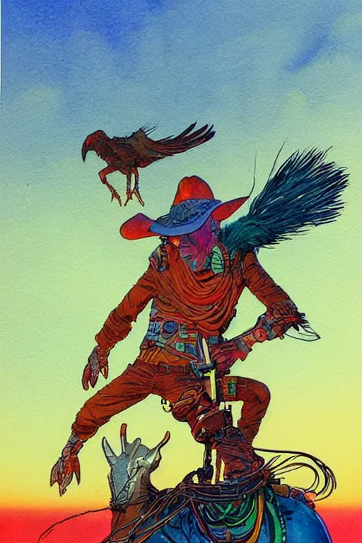 Prompt: tough cowboy riding an emu bird, scifi, art by jean giraud, moebius, juan gimenez, in watercolor gouache detailed paintings, in style of syd mead, colorful comics style, artstation