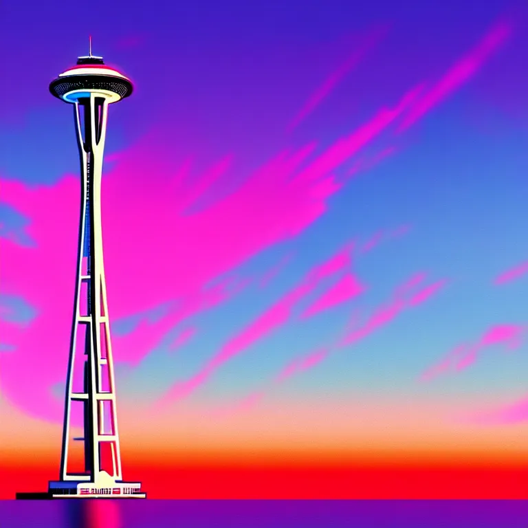 Image similar to a beautiful and balanced vaporwave scene depicting outrun and the space needle