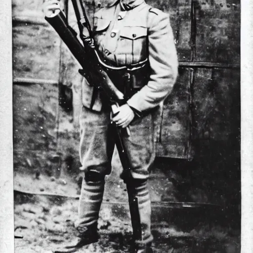 Image similar to old wartime photograph of spongebob squarepants holding a lewis gun, 1 9 1 7