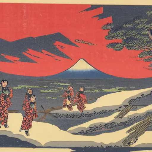 Image similar to imperial japan propaganda, colored woodblock print, late meiji period, space marines, winter landscape