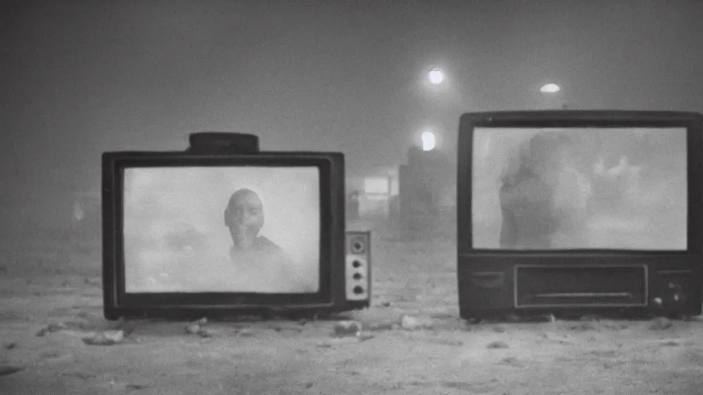 Prompt: a photo of the 1 9 8 4 famine and live - aid in ethiopia as seen through a tv screen, dark, moody, 8 k