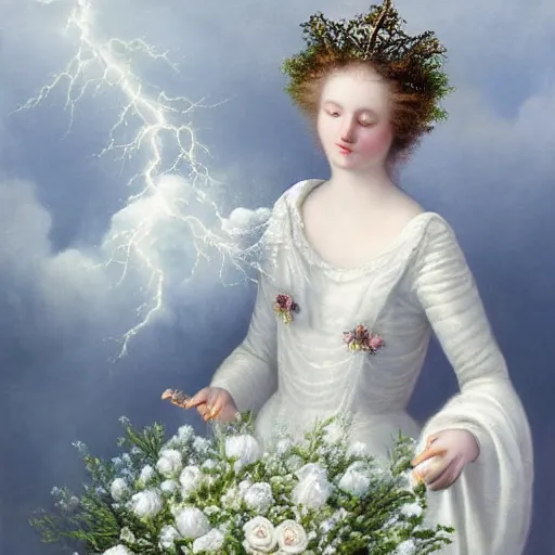 Prompt: meredit frampton a queen with a white large magnificent more and more vaporous ,wrapped ,hight decorated,detailed ,white roses cotton dress shooting surrounded by a bouquet of abstract white flowers and clouds during lightning storm ,surrealism 8k