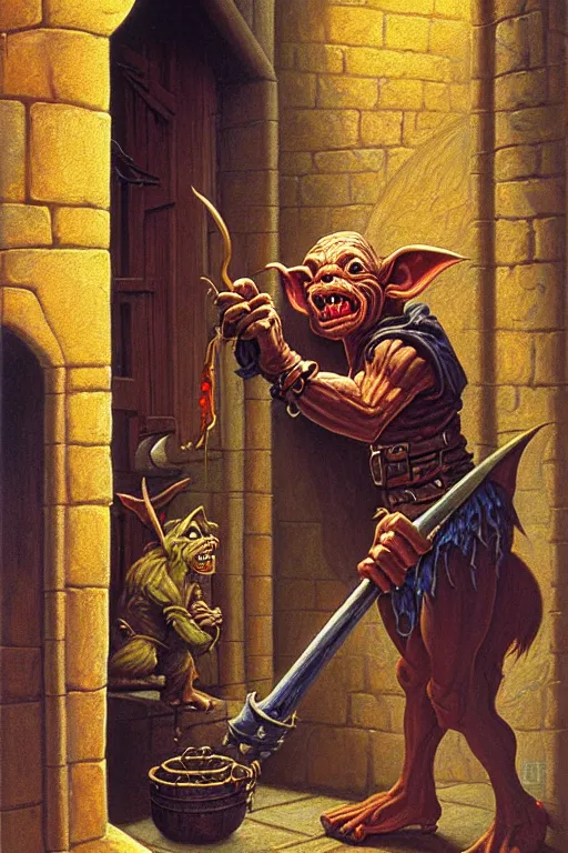 Prompt: classic oil painting, a goblin is equipping steel sabatons on his feet, as a dnd character, inside a castle courtyard, cottagecore, highly detailed, digital illustration, concept art, smooth, sharp focus, art by tim hildebrandt, and greg hildebrandt