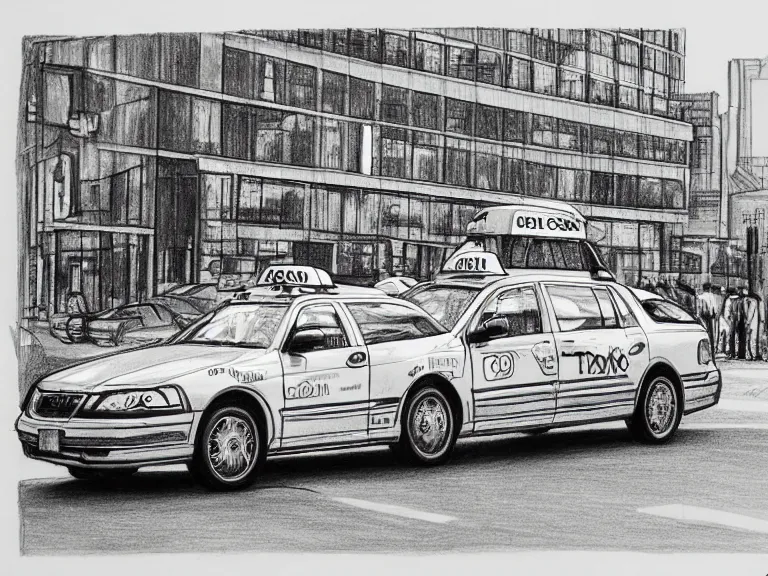 Image similar to a pencil drawing of one single taxi cab. by pen tacular