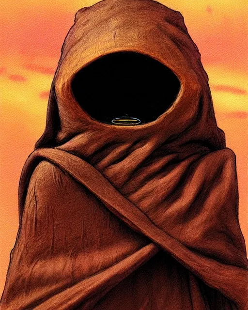 Prompt: jawa from star wars, character portrait, portrait, close up, concept art, intricate details, highly detailed by moebius