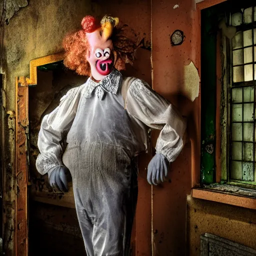 Image similar to UHD photo of Krusty The Clown in an abandoned building, by Annie leibowitz, photorealisitc ,detailed