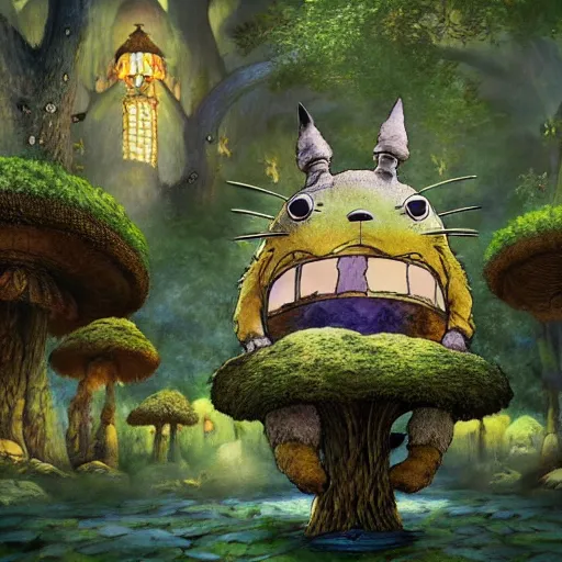 Image similar to totoro tripping on shrooms in wonderland, intricate detail, royo, klimt, miro, vallejo, frazetta, giger, whealan, hd, unreal engine,