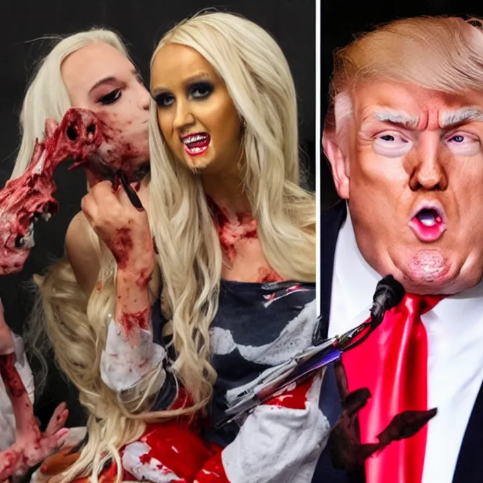 Prompt: zombie tomi lahren feasting on donald trump jr.'s brains