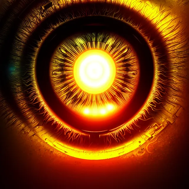 Prompt: Hypnotizing iris of a cybernetic human eye, centered, symmetry, ornate, dynamic lighting, golden ratio, higly detailed, concept art, sharp focus, 4k, in the style of noah bradley,