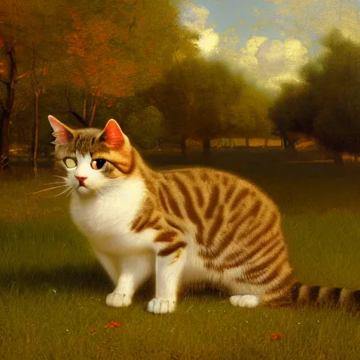 Image similar to 'impressive modern painting of a realistic cat, trending on artstation, by George Inness, with drop shadow, Unreal Engine, RTX, Octane, 4K'