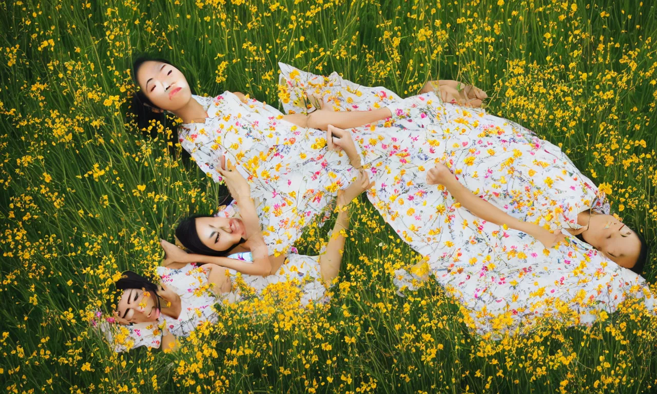 Prompt: beautiful Asian woman lying in a field of wildflowers, wearing a yellow and white sun dress, medium close, dreamy