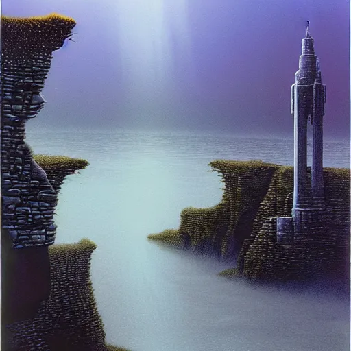 Prompt: ominous shale and ruddy steel tabular - city half - submerged in the sipsey river, by michael whelan and angus mcbride and ted nasmith, 3 2 k huhd