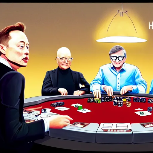 Image similar to UHD photorealistic Elon Musk playing poker with Satoshi Nakamoto, Klaus Schwab, and Bill Gates, trending on Artstation, hyperrealistic, correct details, symmetrical faces, accurate faces,