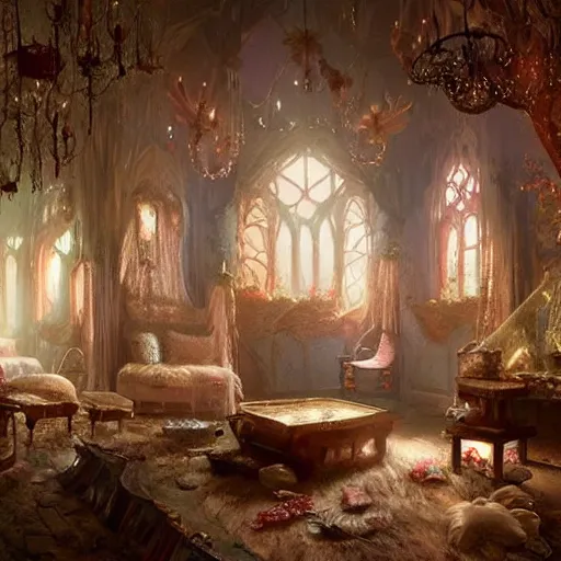 Image similar to a beautiful interior of a fairy castle's hall, wide angle, fully decorated, furnished with fairy furniture, fairy aesthetics, fairy lights, fairycore. concept art by greg rutkowski, elena dudina. high details, soft colour palette, dreamy