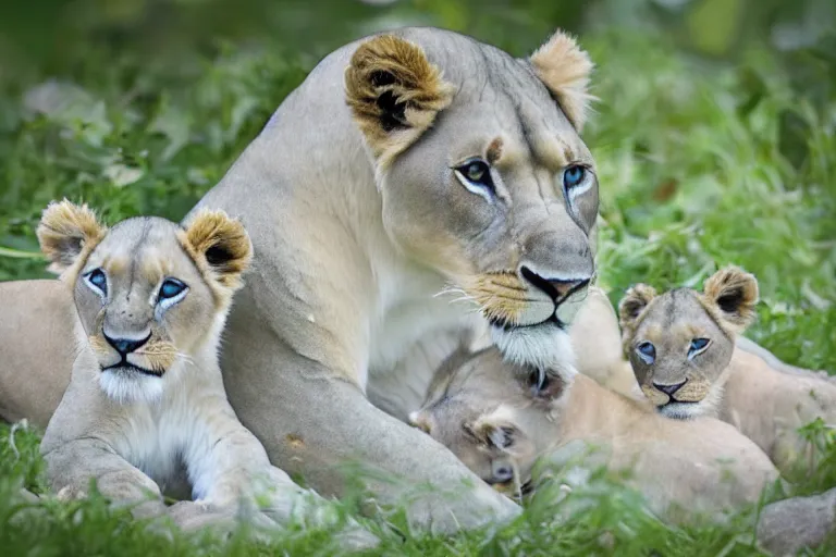 Image similar to beautiful aesthetic digital illustration of a pastel blue winged lioness with a litter of pastel cubs