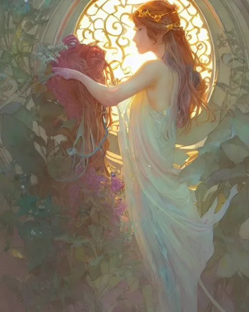 Image similar to secret romance, highly detailed,, gold filigree, romantic storybook fantasy, soft cinematic lighting, award, disney concept art watercolor illustration by mandy jurgens and alphonse mucha and alena aenami, pastel color palette, featured on artstation