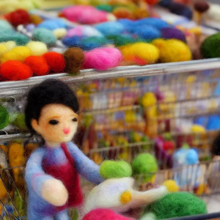 Prompt: needle felted person paying for the supermarket, highly detailed, tilt shift, cute, hyperrealism, highly textured, god rays