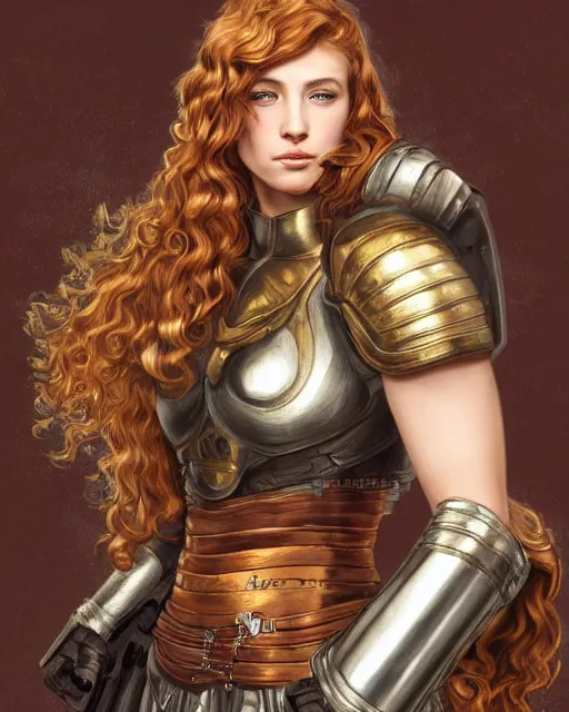 Image similar to Hyper realistic portrait of a strong female fighter with beautiful curly shiny copper hair and broad shoulders, she is from Troy and wears a golden armor, high contrast, artwork in the style of Alphones Mucha and Takumi Nagayasu and Dan Dos Santos, trending on artstation