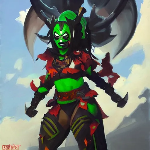 Prompt: greg manchess portrait painting of jade from mortal kombat wearing an oni halfmask as overwatch character, medium shot, asymmetrical, profile picture, organic painting, sunny day, matte painting, bold shapes, hard edges, street art, trending on artstation, by huang guangjian and gil elvgren and sachin teng