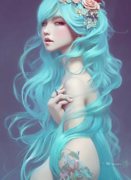 Prompt: beautiful girl with long turqoise hair, cute, intricate, highly detailed, digital painting, trending on artstation, concept art, smooth, sharp focus, illustration, unreal engine 5, 8 k, art by rossdraws and alphonse mucha