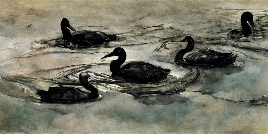 Prompt: black swans melting together in the dark waters. by andrew wyeth, jenny saville and john dollman