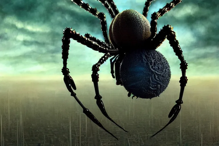 Image similar to realistic detailed closeup portrait movie shot of a beautiful black woman riding a giant spider, dystopian city landscape background by denis villeneuve, amano, yves tanguy, alphonse mucha, max ernst, ernst haeckel, roger dean, cyber necklace, rich moody colours, sci fi patterns, wide angle