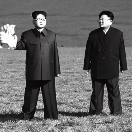 Prompt: Kim Jong-il in a vast field, monster movie filmstill, underexposed cinemascope