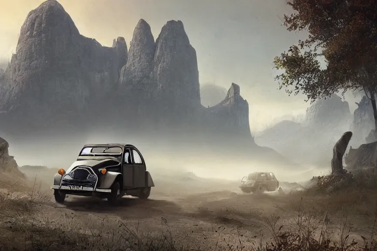 Image similar to offroad citroen 2 cv ( 1 9 6 5 ) of daedric design driving across the rift, daedric axe stored on the side of the car, leather and cloth traveller backpacks on roof, riften city in the background, epic fantasy, autumn, the elder scrolls v : skyrim, dramatic lighting, establishing shot, by simon stalenhag