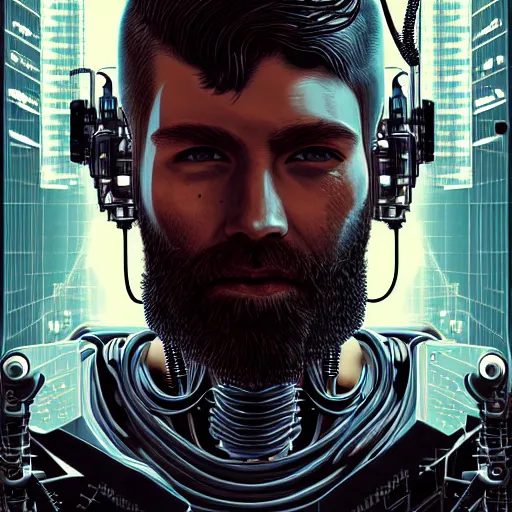 Image similar to ultra realist intricate detailed pin - up painting of a single rugged cyborg male, bearded face and cyborg tech on body and legs, symmetry accurate features, cyberpunk, industrial, apocalyptic, very intricate details, focus, high resolution, 8 k resolution, dramatic lighting, artstyle hiraku tanaka, award winning