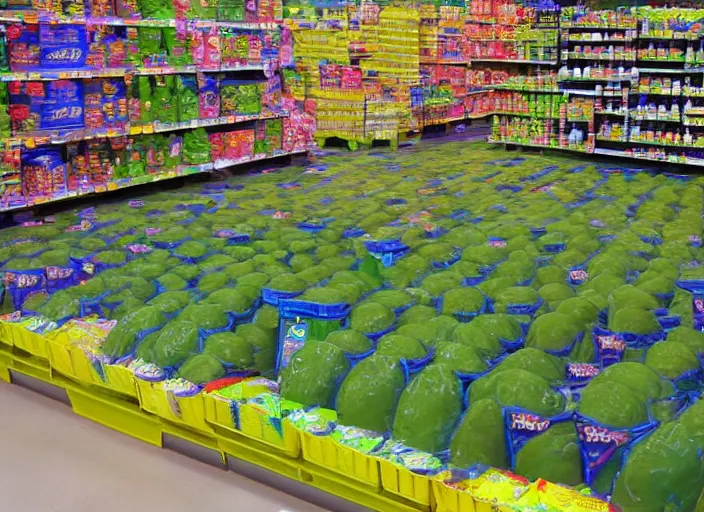 Image similar to the episode of supermarket sweep where the aisles are filled with nickelodeon slime hd