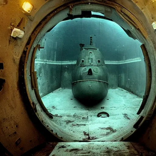 Prompt: Interior of a sinking Soviet submarine, all alone, thalassophobia, claustrophobic, trapped, horror