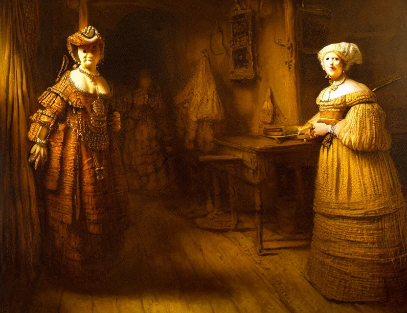 Prompt: masquerade store, woman seller, intricate, highly detailed, painting by rembrandt, concept art, sharp focus, rembrandt lighting