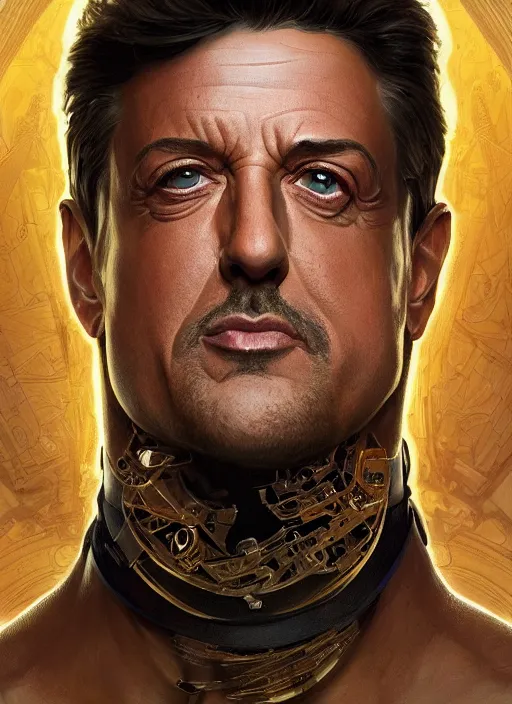 Image similar to symmetry!! silvester stallone, machine parts embedded into face, intricate, elegant, highly detailed, digital painting, artstation, concept art, smooth, sharp focus, illustration, art by artgerm and greg rutkowski and alphonse mucha, 8 k