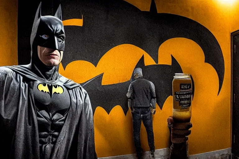 Image similar to batman covered in lots of orange juice offering free beer, chasing through old brown decrepit hallway, creepy smile, atmospheric eerie lighting, dim lighting, bodycam footage, motion blur, photography