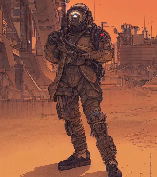 Image similar to a cyberpunk soldier with tactical gear and a rifle patrols a Japanese city on mars, Industrial Scifi, detailed illustration, character portrait, by Martin Grip and Moebius